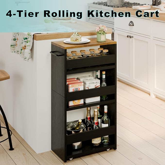 MARTY Slim Rolling Storage Cart 7.9" W Laundry Cart with Wheels,Brown+Black | Narrow Utility Cart Between Washer and Dryer, 3 Tier Mobile Shelving Unit for Kitchen, Laundry, Bathroom, Office, Living Room