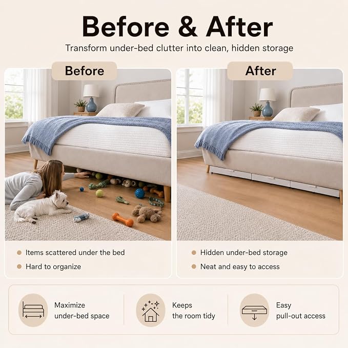 Fokyfok Under Bed Drawers,Under Bed Storage,Under Couch Drawer,1PC | 3 inch tall,Wheeled,Expandable,Slim,Shallow,19"-30" x 9.7"-13.6",Helps Keep Pet Toys from Rolling Under Furniture,Handle