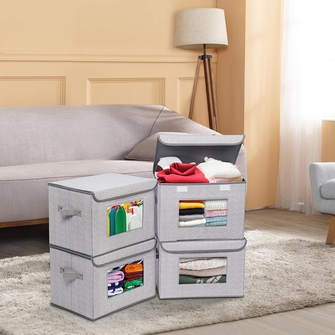 Univivi Fabric Closet Storage Bins with Lids for Shelves 4 Pack, Gray | 17 x 12 x 12 In Clothes Storage Bins with Handles & Window, Foldable Closet Organizers and Storage for Home, Office, Bedroom
