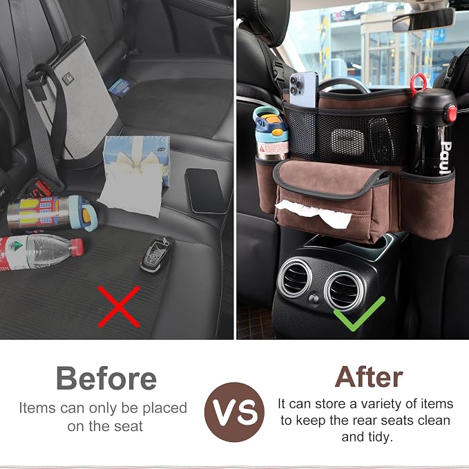 Leather Car Seat Organizer for Handbag/Purse – Fits Between Front Seats, Holds Wallet, Phone & Essentials. (Modle A/Brown)