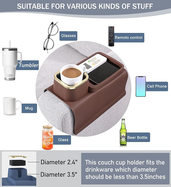 HMASYO Couch Cup Holder Tray – Weighted Silicone Sofa Armrest Organizer Table with Anti-Spill Coaster, Easy Reach for Drink, Snacks, Remote & Phone, Non-Slip Base, Easy Clean