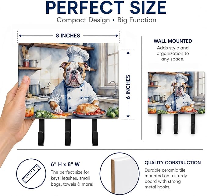 Caroline's Treasures American Bulldog The Chef Leash or Key Holder Wall Hooks, Key Hooks Holder, Coat Rack Wall Mount, Coat Hooks, Hooks for Hanging Keys, Towels, Aprons, Leashes | American Bulldog The Chef artwork on ceramic tile with three steel hook...