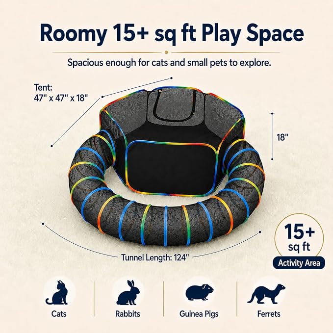 Portable Cat Enclosure - 2-in-1 Outdoor Catio with Tent & Tunnel, Foldable Playpen for Indoor Cats, Includes Storage Bag for Cats & Small Animals Rainbow Color