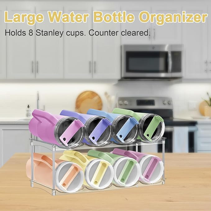 Stackable Water Bottle Organizer for Stanley 40oz Tumblers – Acrylic Water Bottle Holder for Cabinet, Pantry, Large Tumbler Organizer Storage Rack, Stanley Cup Storage, 2 Tier, Holds 8 Bottles