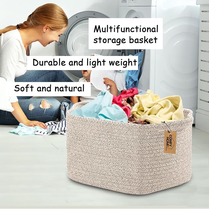 COMFY-HOMI Cotton Rope Woven Basket with Handles for Shelves,Toys,Book, Cloth Storage Baskets Bin for Organizing- 1 PCSToy Decorative Organizer for Living Room, Bathroom