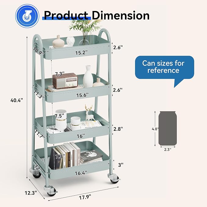 OLIXIS Metal 4 Tiers Rolling Storage Utility Cart with Lockable Wheels | Mobile Organizer Shelf, Space-Saving, Freestanding, Bathroom, Living Room, Slim, Narrow Corner Spaces, Green