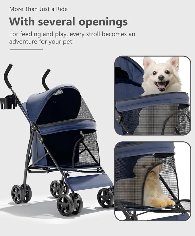 OS MOTOR 4 Wheels Pet Stroller for Small Medium Pets, Navy Blue | Foldable Carrier Jogger, Rear Wheel Breaks, Storage Basket, Visible Mesh Weather Cover, Portable, Dog, Cat, Puppy, Kitty