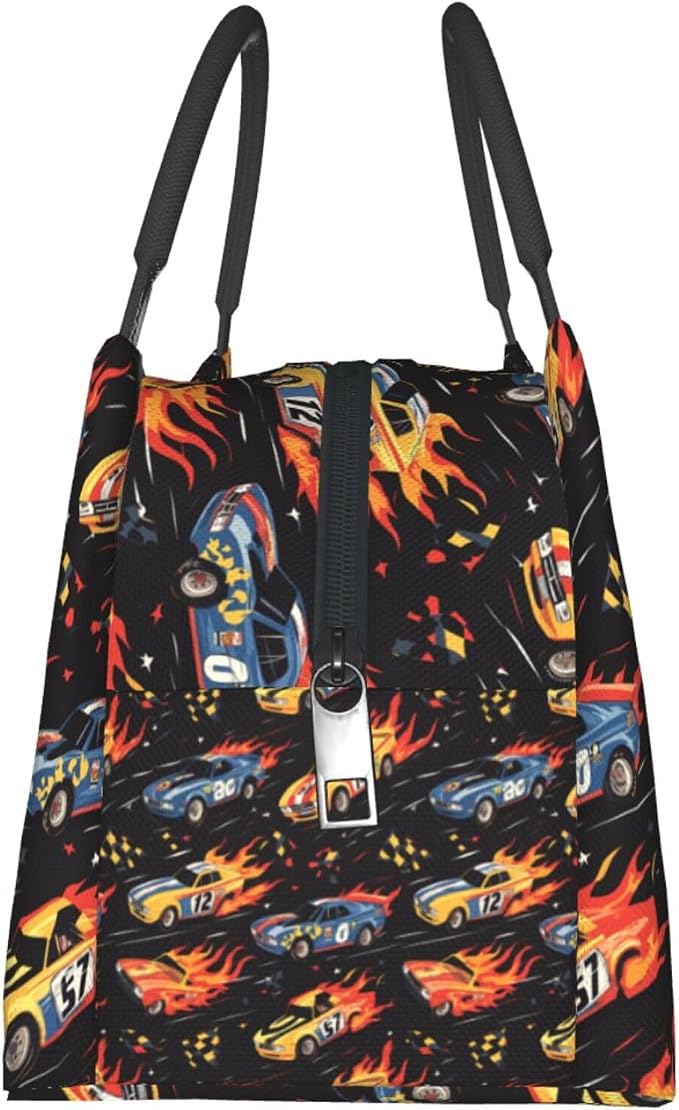 Race Car Insulated Lunch Box for Boys Men,Reusable Tote Bag with Retro Racing Cars and Flaming,Portable Lunchbox Handbag,Makeup Bags Organizer Gifts for Work Office Travel Picnic,11x6.3x6.7in