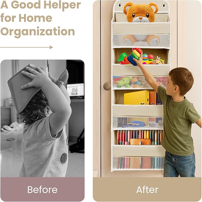 Over the Door Organizer with 4 Side Mesh Pockets, 4 Shelf Capacity Hanging Behind the Door Kitchen Organizers and Storage Suitable for Storing Toys, Shoes, Towels, Lvoy White, 4 Shelf