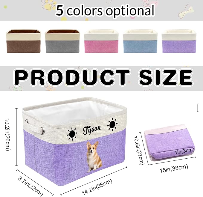 Personalized Dog Toy Storage Basket with Pet Name/Photo, Collapsible Custom Pet Storage Bin with Durable Handles, Large Capacity Organizer Box for Cat Toys