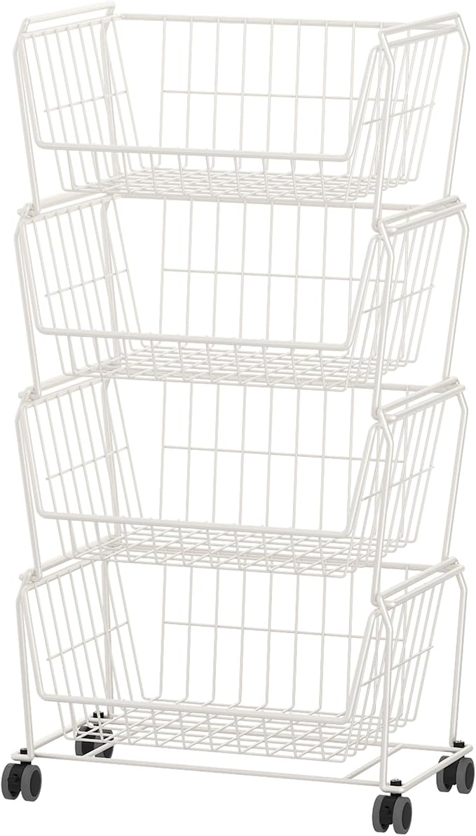 PUSDON 4-Tier Large Stackable Wire Storage Baskets with Wheels, Metal Rolling Utility Cart Organizer, Produce Basket for Kitchen Pantry, Floor Shelf, Classic White