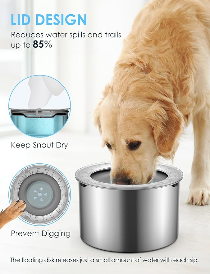 Heouvo 2.6 Gallon Large Dog Water Bowl No Spill,【Anti Digging Lid & Rubber Bottom】 Spill Proof Dog Bowl, Anti Splash Mess Dripless Slow Drinking Stainless Steel Water for Sloppy Messy Drinkers Car