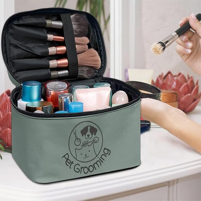 Green Travel Makeup Bag for Women Large Capacity Cosmetic Case for Women Portable Makeup Organizer with Brush Holders for Vacation Trip Daily