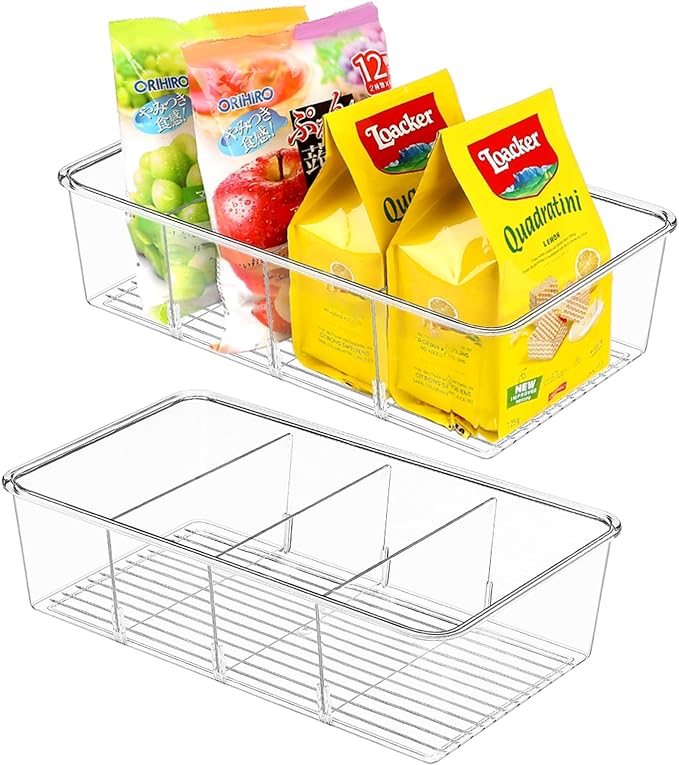 ZIZOTI Snack Organizer for Pantry Shelf, 2 Pack Clear Plastic Pantry Storage Bins with 3 Dividers for Snacks, Spices, Chips Food Organizer, Stackable Pantry Organizers for Kitchen, Fridge, Cabinet
