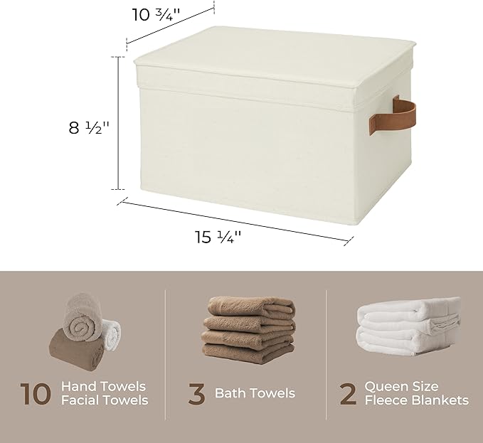 StorageWorks Closet Storage Bins, Fabric Storage Bins with Lids | Lidded Dust-proof, Easy Pull Handles, Foldable, Stackable, Ideal for Clothes Blanket Towel, Large, Ivory, 3-Pack