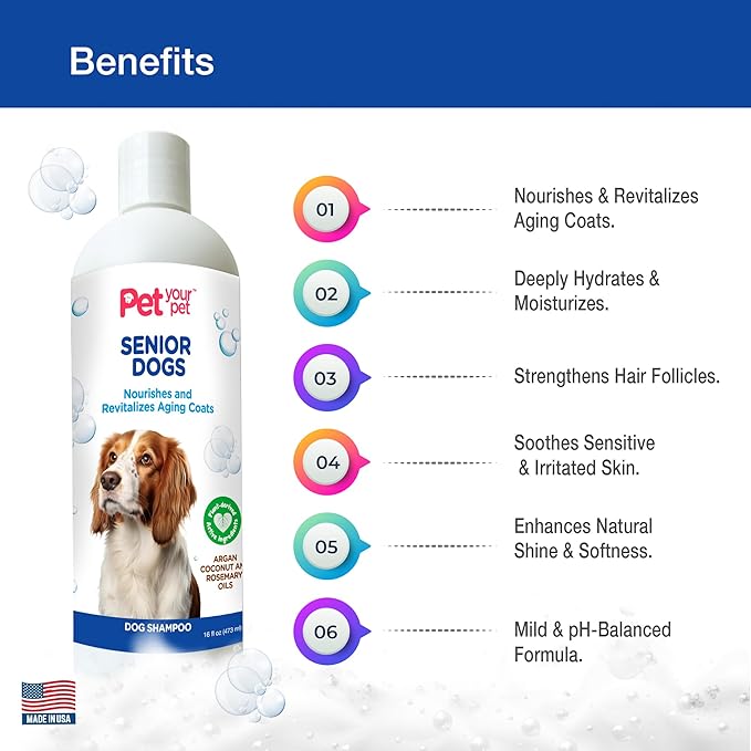 Natural Shampoo for Senior Dogs – Nourishes and Revitalizes Aging Coats with Argan and Coconut Oil for Dry and Sensitive Skin – Hydrating & Soothing Grooming Formula - 16 oz