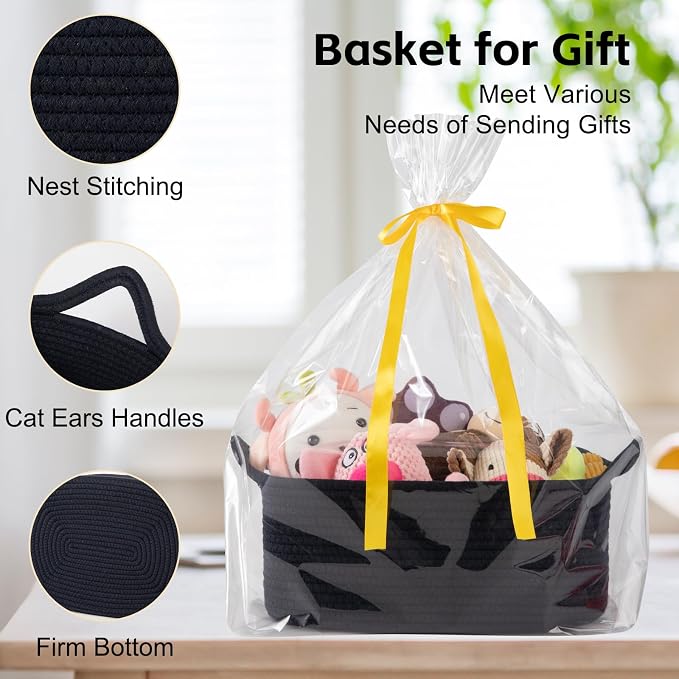 OIAHOMY Woven Basket, Gift Basket Empty with Gift Bags and Ribbons, Rope Baskets for Baby Showers, Storage Baskets with Handles for Nursery, Pet Toy Organizer - Navy Blue