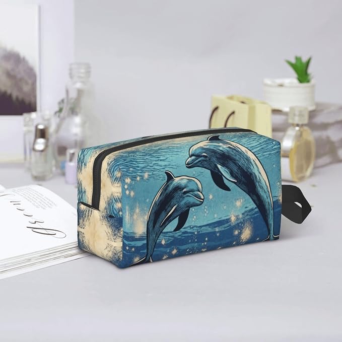Two Dolphins Underwater Makeup Bag - Durable 600D Oxford Fabric Travel Cosmetic Bag, Shockproof Foam Padded Toiletry Organizer for Gym & Daily Use 10x6.2x4.9 Inch