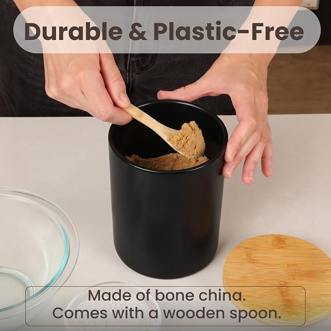 Arthausen Black Ceramic Storage Jar Canister for Flour Sugar - Airtight Bamboo Lid w/Silicone Seal, Spoon - Modern Abstract Art Design for Kitchen Counter Bathroom - 4 cup / 1080mL