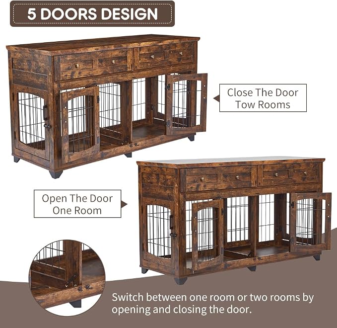 2 Dog Crate Furniture for Large Breeds,Large Dog Kennel Furniture TV Stand,58" Wooden Dog Kennel End Table with Drawers,Double Dog House with Divider