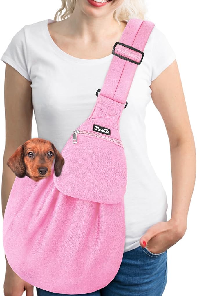 Lukovee Pet Sling, Puppy Small Pet Cat Carrier with Safety Hook | Hands-Free,Padded Strap, Breathable, Adjustable, Storage Pocket, Tote Bag Shoulder Bag with Front Pocket (Pink-WY,L)