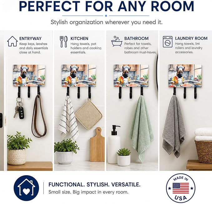 Caroline's Treasures Belgian Malinois The Chef Leash or Key Holder Wall Hooks, Key Hooks Holder, Coat Rack Wall Mount, Coat Hooks, Hooks for Hanging Keys, Towels, Aprons, Leashes | Belgian Malinois The Chef artwork on ceramic tile with three steel hook...