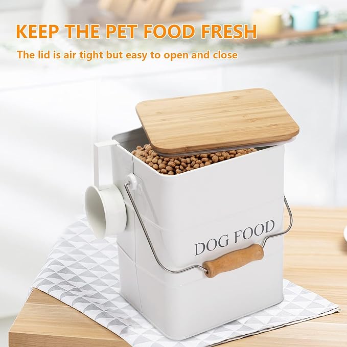 Morezi Metal Dog Food Storage Container 5~6 lbs, Pet Food Treat Canister | Airtight Dog Treat Food Storage Tin with Wooden Lid and Scoop- Powder Coated Carbon Steel- for Dry Dog Cat Food Kibble-White