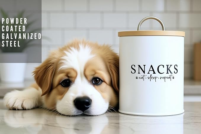 White Dog and Cat Treat Container with Easy to Open Bamboo Lid, 8.5 cups/ 70 fl oz.