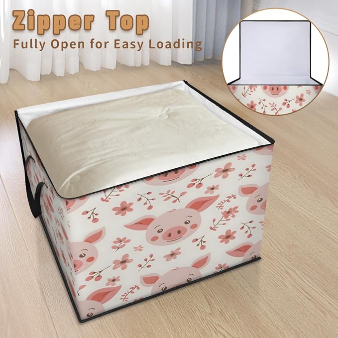 Cute Pig Faces Large Storage Bags, Fabric Bed Storage Containers, Foldable Closet Organizers for Blanket, Clothing, Comforter, Bedding, Pink Pig