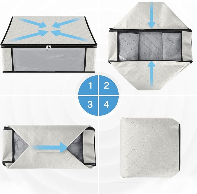 HomeHacks 8-Pack Clothes Organizer Storage Bags, 35L Storage Bins, White | Foldable Storage Box Container with Zippers, Clear Window, Reinforced Handles for Closet, Dorm, Pillows, Bedding, Sweater
