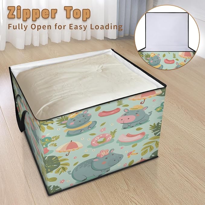 Hippopotamus Large Storage Bags, Fabric Bed Storage Containers, Foldable Closet Organizers for Blanket, Clothing, Comforter, Bedding, Tropical Theme