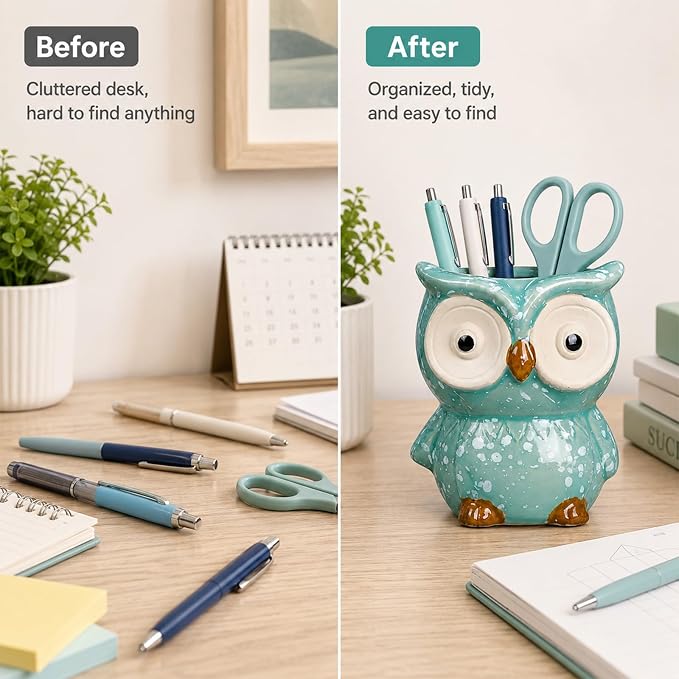 Ceramic Owl Shaped Pen Pencil Holder for Desk Decoration Accessories Owl Decor Makeup Brush Pen Cups Succulent Plant Pot Office School Ideal Gifts for Women, Mom or Birthdays