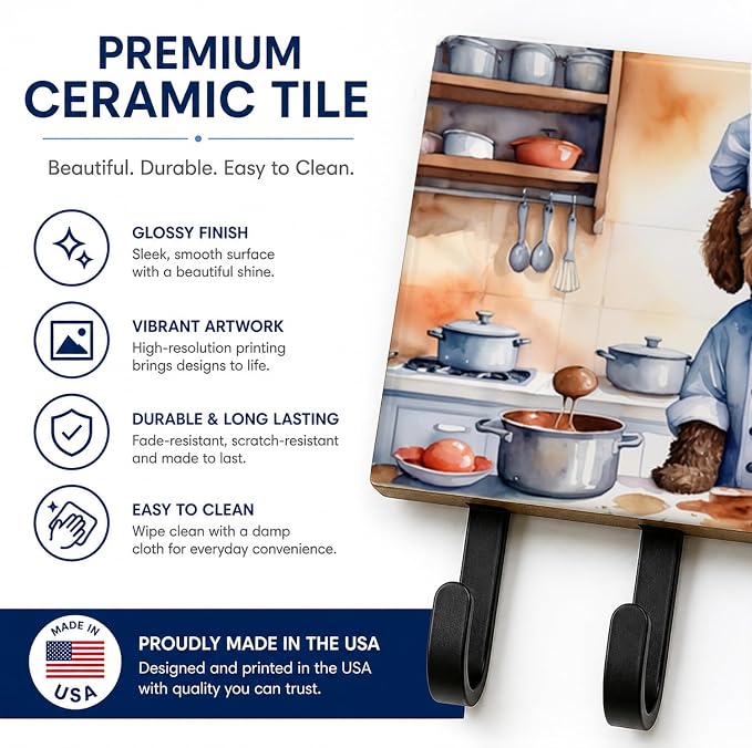 Caroline's Treasures Labradoodle The Chef Leash or Key Holder Wall Hooks, Key Hooks Holder, Coat Rack Wall Mount, Coat Hooks, Hooks for Hanging Keys, Towels, Aprons, Leashes | Labradoodle The Chef artwork on ceramic tile with three steel hooks for keys...