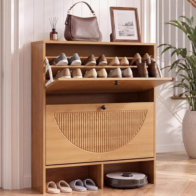 GRUSIGN Shoe Cabinet with 2 Flip Drawers, Narrow Shoe Cabinet Storage for Entryway, Freestanding Shoe Organizer with Adjustable Shelves & Anti-Tipping Device, Shoe Rack Cabinet for Hallway, Foyer