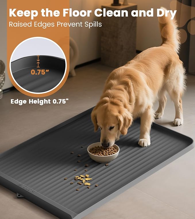 Dog Food Mat 36"x24", Waterproof Dog Bowl Mat, Grey | Raised Edges Prevent Spills, Diversion Grooves, Waterproof Surface, Non-slip Backing, Easy to Clean