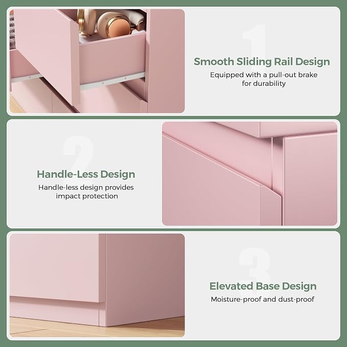Pink 7 Drawer Dresser for Bedroom,Modern Wood Chest of Drawers,Closet Clothes Storage Organizer with Deep Drawers for Living Room Hallway Entryway,Nursery (15.3" D x 47.2" W x 32.3" H)