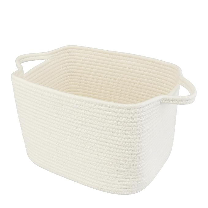 XUANGUO Woven Cotton Rope Storage Basket with Handles 13x10x9 inch White | 13" x 10" x 9" woven cotton rope basket for shelves and closets. Perfect for toys, books, towels, clothes and nursery storage