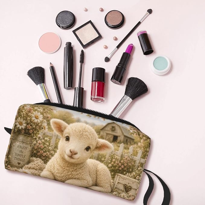 Baby Lamb Makeup Bag for Women | Small Travel Cosmetic Pouch with Zipper, Compact Makeup Organizer Bag for Purse, Toiletries, Skincare & Daily Essentials