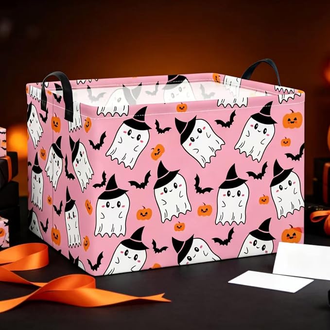 NTAO Gift Storage Basket Empty for Halloween, Storage Bin with Handles, Room Decor, Book Box(Pink Ghost Bat)