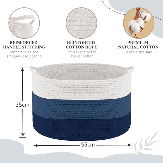 Maliton Woven Rope Blanket Basket Living Room, Storage Basket for Toy, 90L | 22"x14" Cotton Rope Basket. Holds blankets, Toys & Towels & Laundry. For Bedroom, Nursery, Bath & Playroom. Soft & Durable