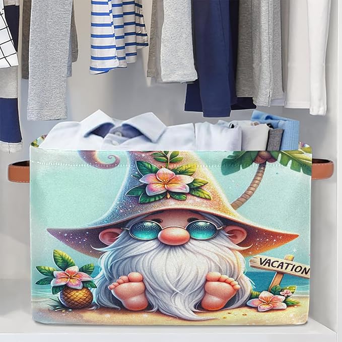 Pardick Summer Gnome Cute Basket Storage Bins Large Fabric Toys Storage Cube Box with Handles Collapsible Closet Shelf Cloth Organizer Basket for Nursery Bedroom Bathroom Holiday Gift