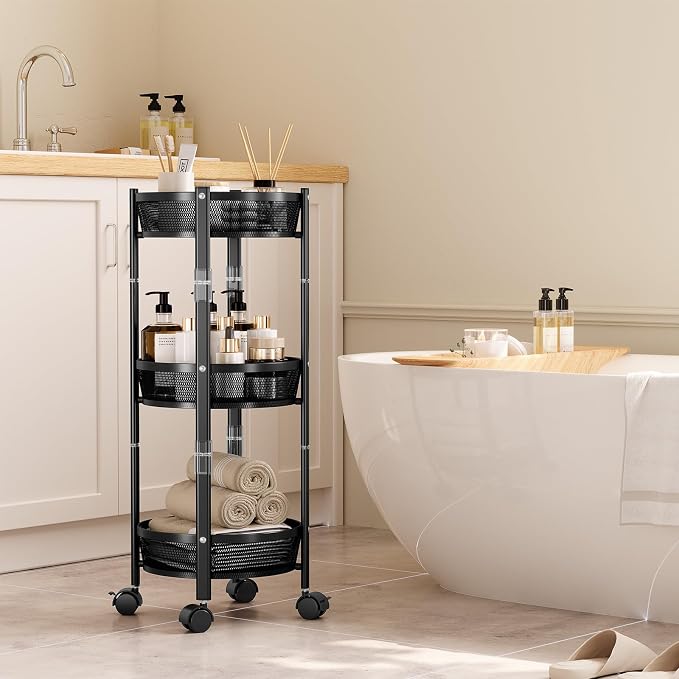 TOOLF 3 Tier Foldable Rolling Cart, Metal Utility Storage Cart, Black | Assembly-Free, Lockable Wheels, Round Trolley Organizer for Bathroom, Kitchen, Office, Dorm, Laundry, Craft Room