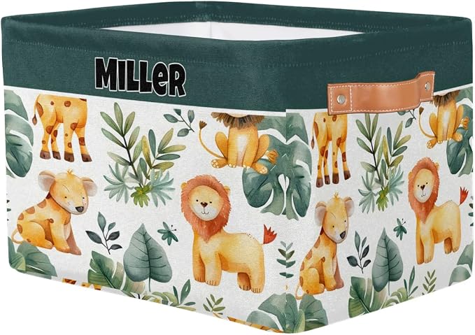 Custom Rectangular Baby Storage Basket, Kids Toys Bin, Books Shelf Basket, Clothes Towel Storage Bin for Nursery, Gift Basket, Pet Basket, Watercolor Leaf Animal Lion Koala
