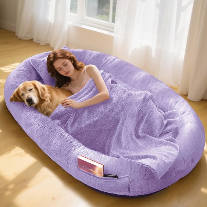 Human Dog Bed,71"x45"x14" Human Size Giant Dog Bed for Adults and Pets,Washable Faux Fur Cover Napping Orthopedic Bean Bag Bed for Humans with Blanket and Pillow,Purple