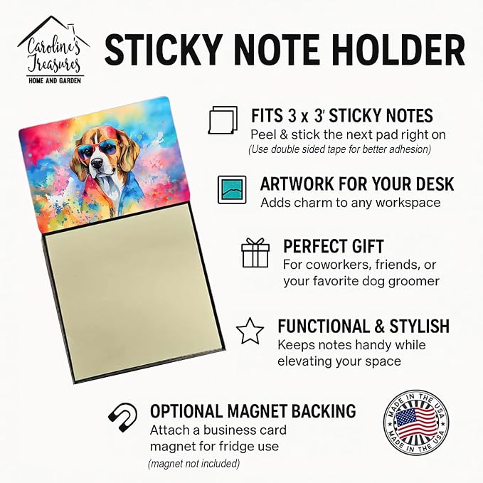 Caroline's Treasures Beagle Hippie Dawg Sticky Note Holder Refillable Dispenser Self-Sticky Note Pads, Memo Pads Blank Desk Accessories