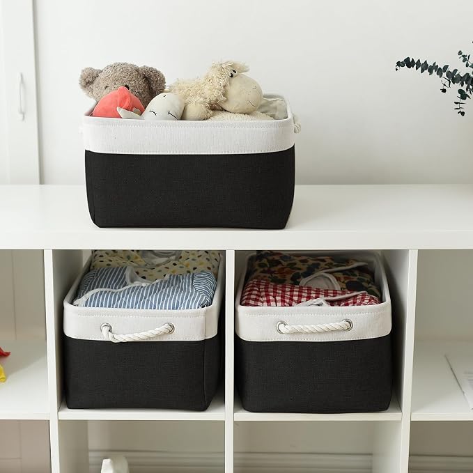 Storage Basket for Organizing - Large 3 Pack 15.7x11.8x8.3 inch Collapsible Storage Bin for Shelves with Handles Laundry Cube Toy Closet Nursery (Whiet & Black)