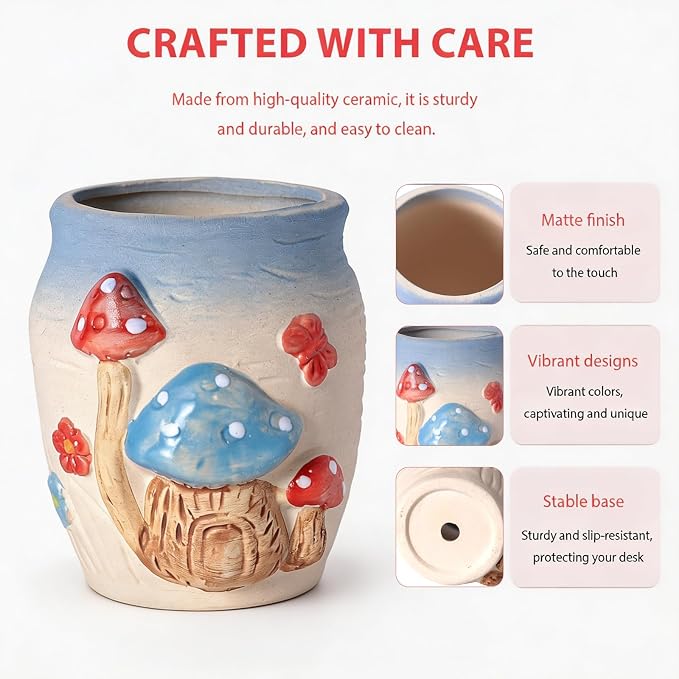 Ceramic Mushroom Shaped Pen Pencil Holder for Desk Decoration Accessories Mushroomb Decor Makeup Brush Pen Cups Office School Ideal Gifts for Women, Mom or Birthdays