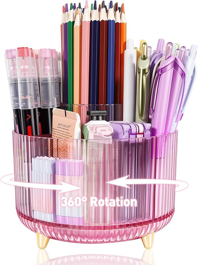360 Rotating Pen Pencil Holder for Desk, Pen Organizer with 5 Slots | Makeup Brush Holder, Desk Organizer and Accessories, Cute Pencil Cup Caddy for Office School Home Decor Art Supply (Pink)