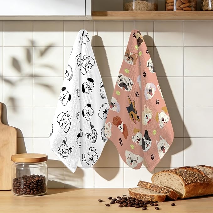 Set of 2 Dog Kitchen Towels - Cute Dog Dish Towels for Kitchen Drying, 17x26 Inch Absorbent Soft Microfiber Dish Cloths, Dog Lover Gifts for Women, Home Kitchen Housewarming Towels