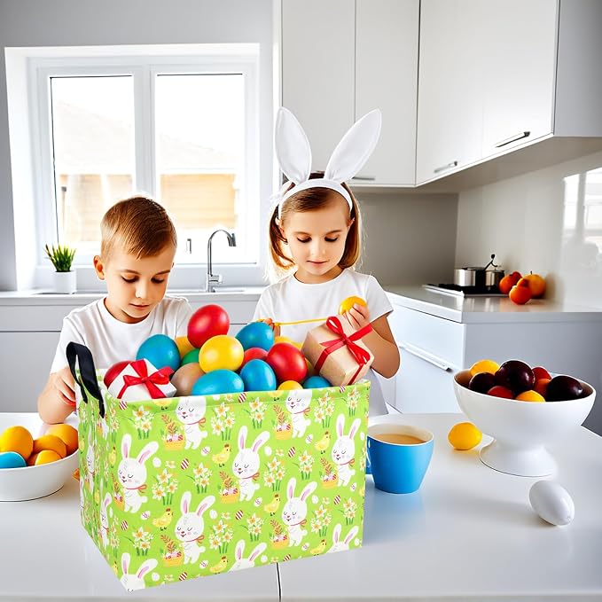 Large Empty Easter Basket for Kid Fabric Personalized Bunny Eggs Easter Gift Basket for Boy and Girl (Rabbit Chicken Green Bottom)